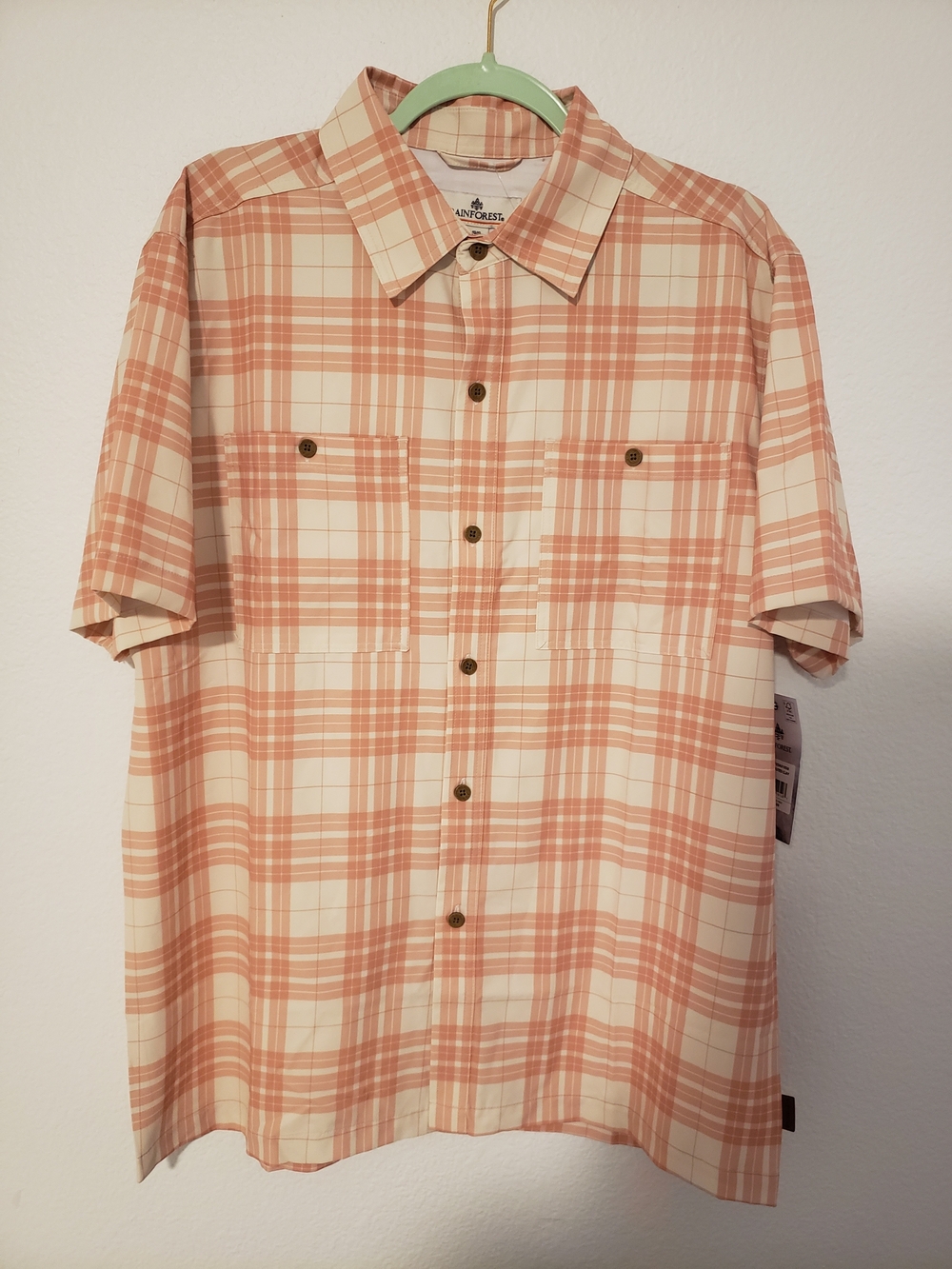 RAINFOREST Short Sleeve Plaid Button-Down Shirt in Coral & Cream